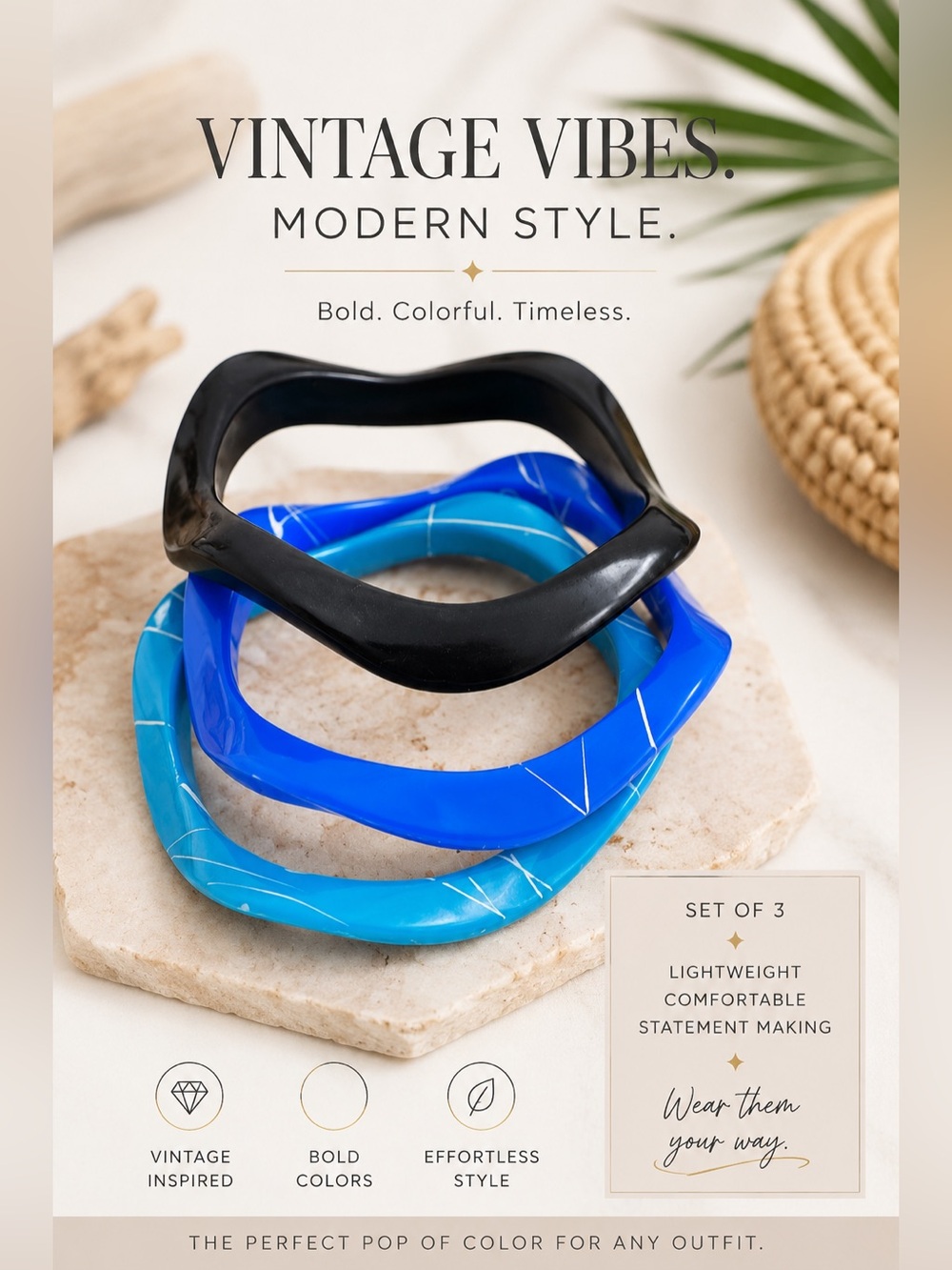 VTG Geometric Lucite Bangle Bracelet Set of 3 Blue Black Marbled Retro Stack